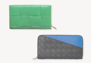 BOTTEGA VENETAのグリーンとグレーのイントレチャート長財布