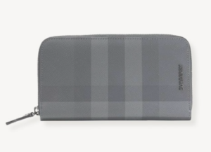 Burberryのグレーチェック柄ラウンドファスナー長財布